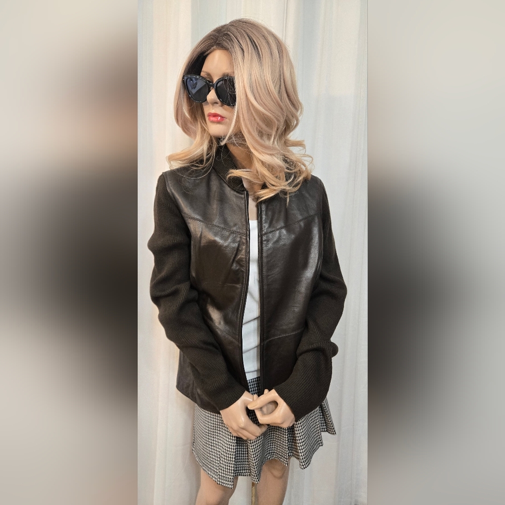 Real Leather Jaclyn Smith Black Mixed Media Zip Up Bomber Jacket.